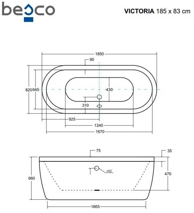 Vonia Besco Victoria, 185 x 83 cm, su sifonu su persipylimu slim baltu