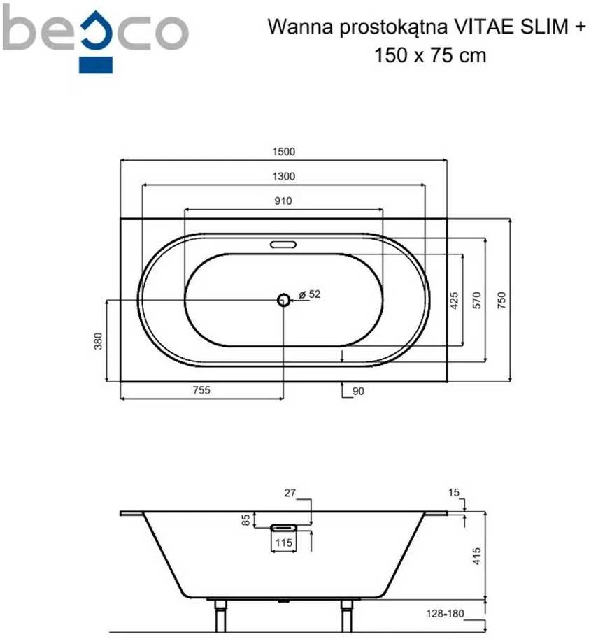 Vonia Besco Vitae Slim+, 150 x 75 cm, su aukso spalvos sifonu
