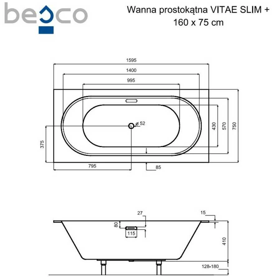 Vonia Besco Vitae Slim+, 160 x 75 cm, su chrome sifonu