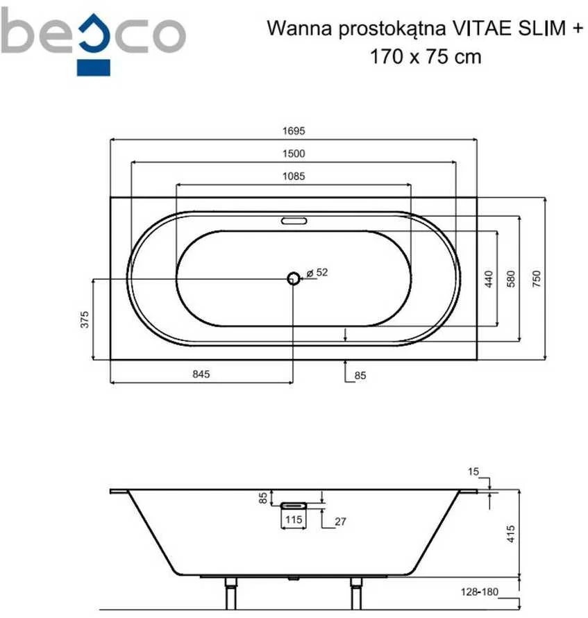 Vonia Besco Vitae Slim+, 170 x 75 cm, su aukso spalvos sifonu
