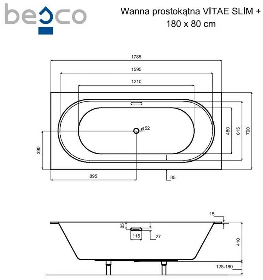 Vonia Besco Vitae Slim+, 180 x 80 cm, su aukso spalvos sifonu