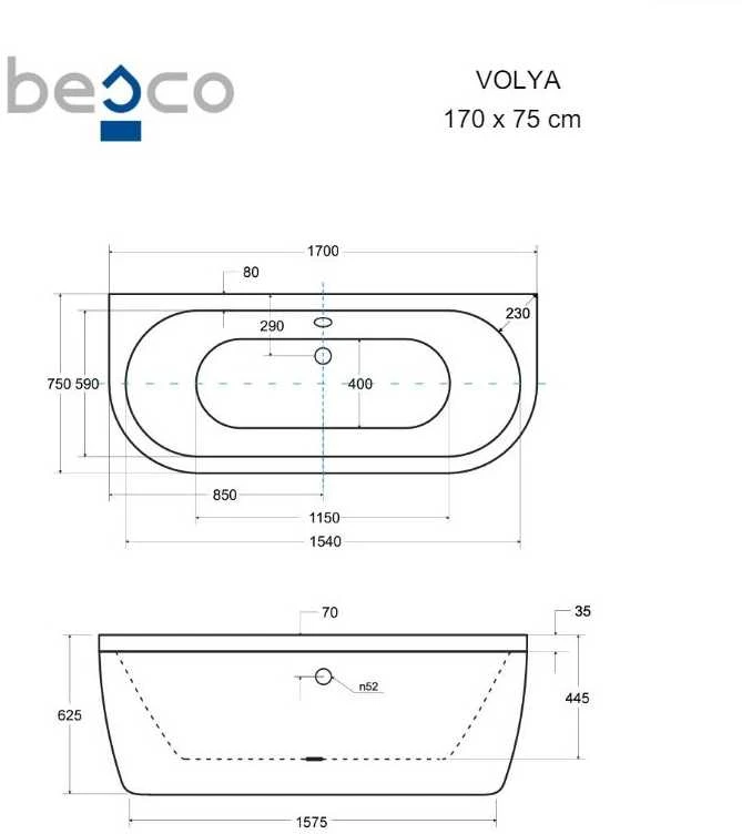 Vonia Besco Volya, 170 x 75 cm, su chrome sifonu su persipylimu slim