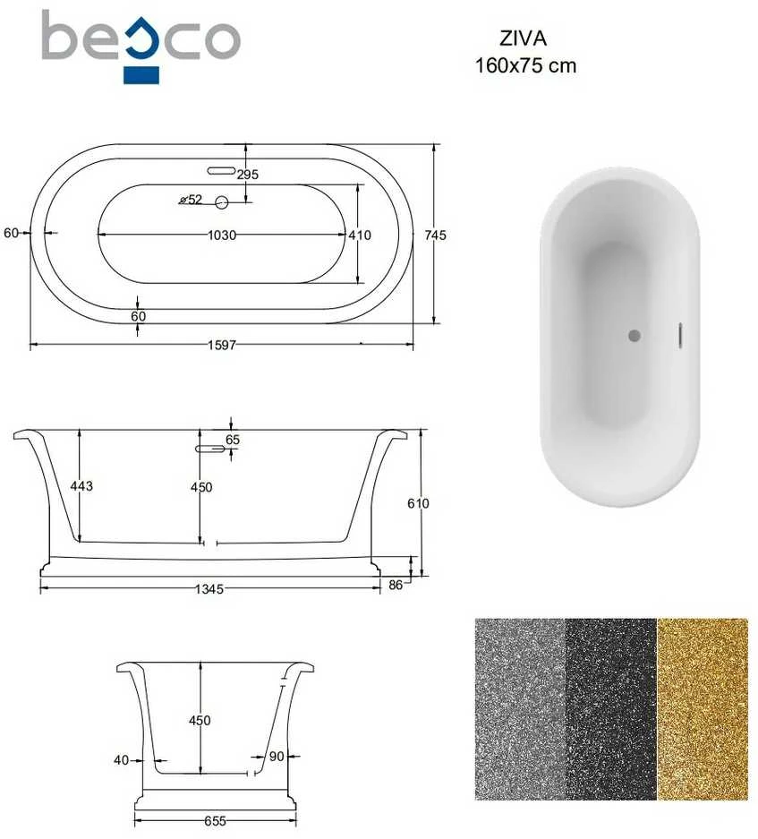Vonia Besco Ziva Glam Graphite, 160 x 75 cm, su sifonu su persipylimu slim baltas