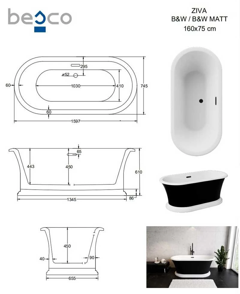 Vonia Besco Ziva Juodas&Baltas Matt, 160 x 75 cm, su sifonu su persipylimu slim gun metal