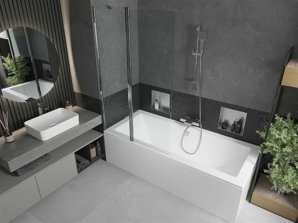 Vonia Mexen Cube su apdaila ir stiklo sienele, 170x80 cm + 100 cm, Baltas+Chrome/Transparent