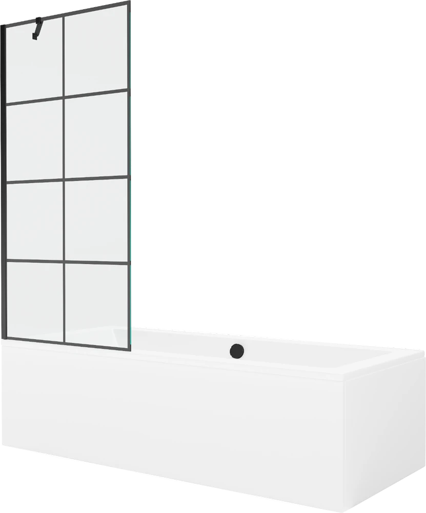 Vonia Mexen Cube su apdaila ir stiklo sienele, 180x80 cm + 80 cm, Baltas+Juodas grid