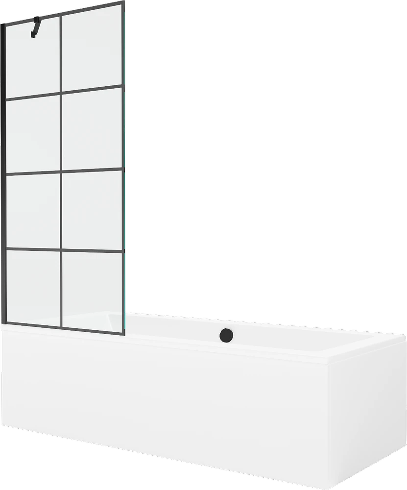 Vonia Mexen Cube su apdaila ir stiklo sienele, 170x80 cm + 80 cm, Baltas+Juodas grid