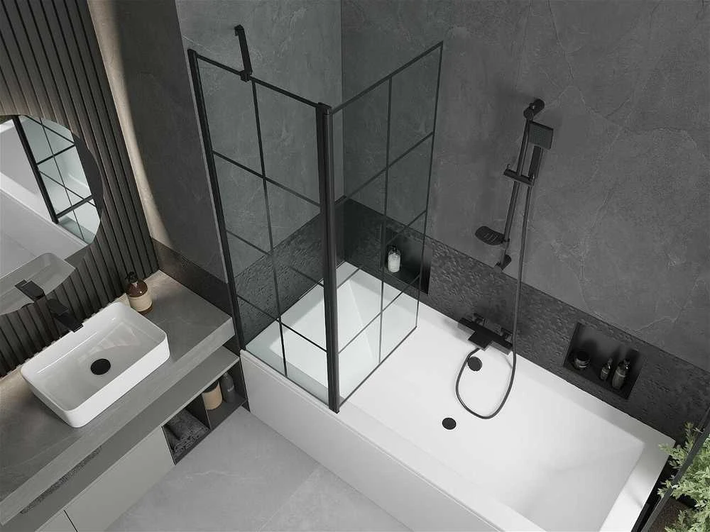Vonia Mexen Cube su apdaila ir stiklo sienele, 170x80 cm + 120 cm, Baltas+Juodas grid