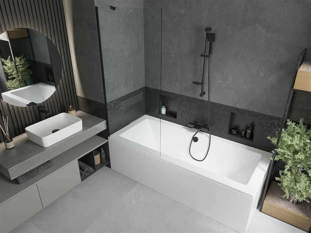Vonia Mexen Cube su apdaila ir stiklo sienele, 180x80 cm + 80 cm, Baltas+Juodas/Transparent