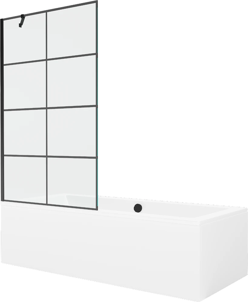 Vonia Mexen Cube su apdaila ir stiklo sienele, 170x80 cm + 100 cm, Baltas+Juodas grid
