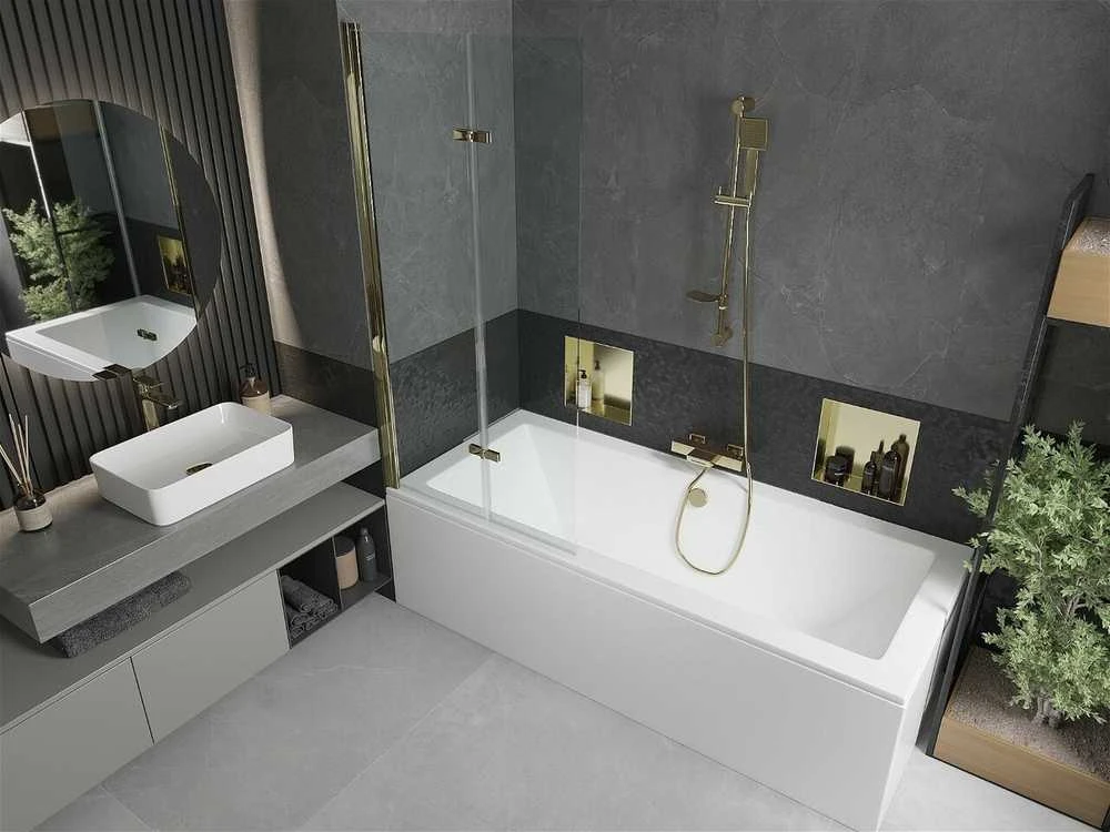 Vonia Mexen Cube su apdaila ir stiklo sienele, 180x80 cm + 80 cm (II), Baltas+Gold/Transparent