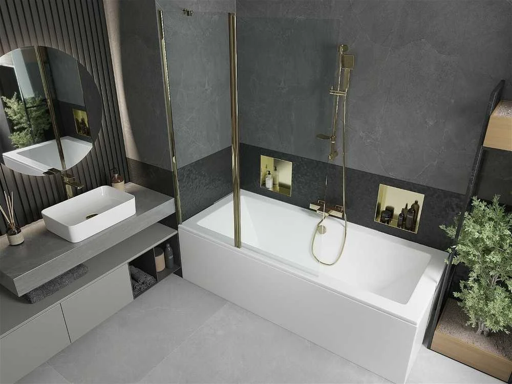 Vonia Mexen Cube su apdaila ir stiklo sienele, 170x80 cm + 120 cm, Baltas+Gold/Transparent