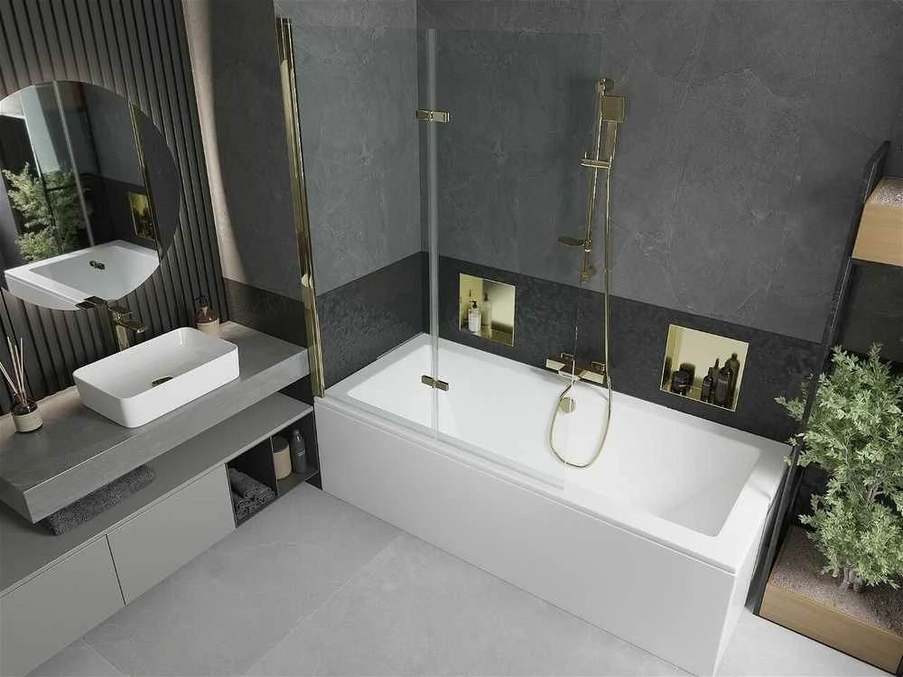 Vonia Mexen Cube su apdaila ir stiklo sienele, 170x80 cm + 120 cm (II), Baltas+Gold/Transparent