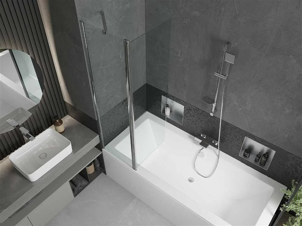 Vonia Mexen Cube su apdaila ir stiklo sienele, 170x80 cm + 100 cm, Baltas+Chrome/Transparent