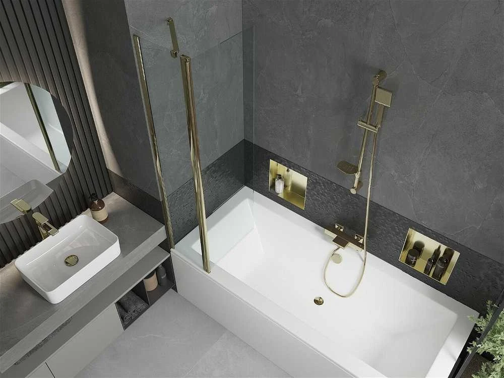 Vonia Mexen Cube su apdaila ir stiklo sienele, 170x80 cm + 80 cm, Baltas+Gold/Transparent