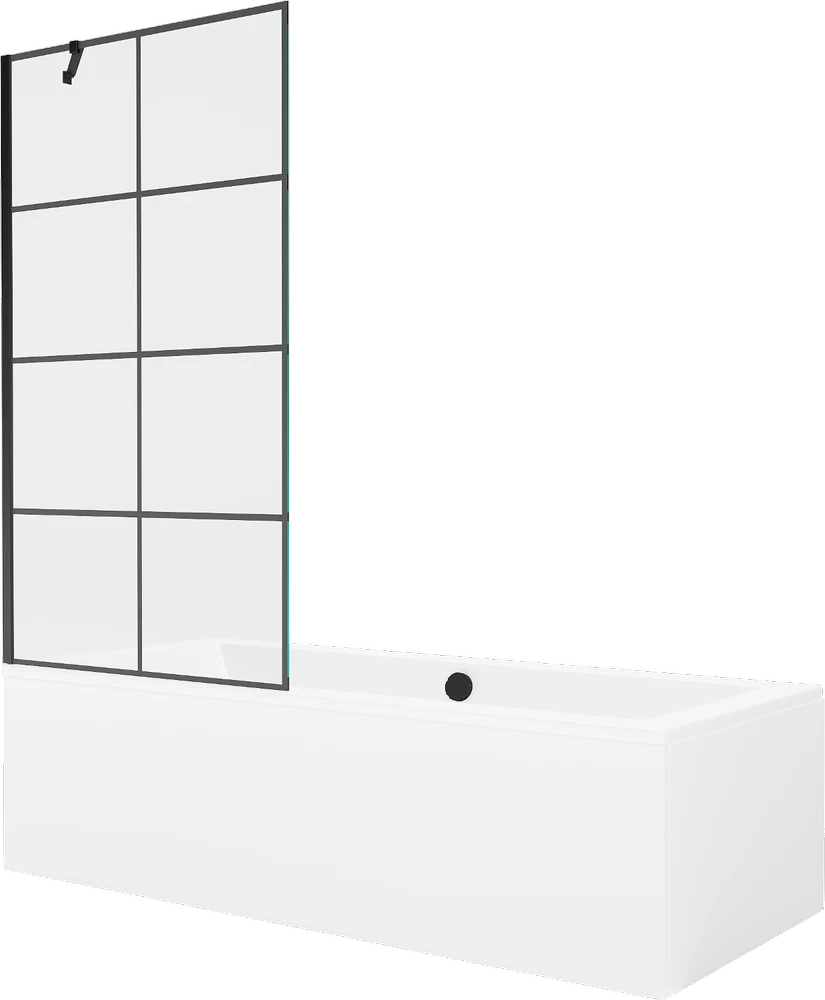 Vonia Mexen Cube su apdaila ir stiklo sienele, 170x80 cm + 90 cm, Baltas+Juodas grid