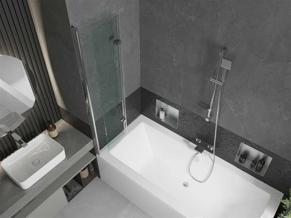 Vonia Mexen Cube su apdaila ir stiklo sienele, 170x80 cm + 80 cm (II), Baltas+Chrome/Transparent
