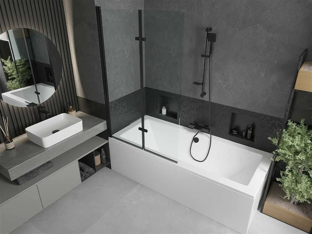 Vonia Mexen Cube su apdaila ir stiklo sienele, 170x80 cm + 100 cm (II), Baltas+Juodas/Transparent