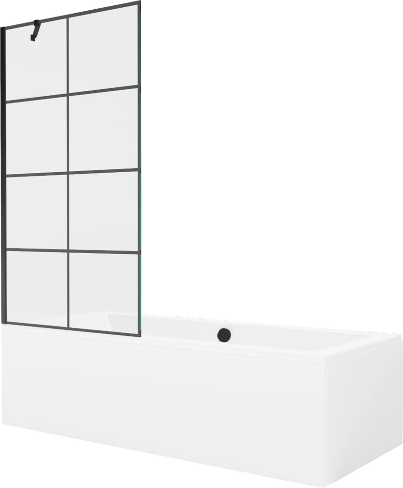 Vonia Mexen Cube su apdaila ir stiklo sienele, 180x80 cm + 90 cm, Baltas+Juodas grid