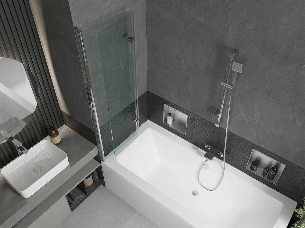 Vonia Mexen Cube su apdaila ir stiklo sienele, 180x80 cm + 100 cm (II), Baltas+Chrome/Transparent