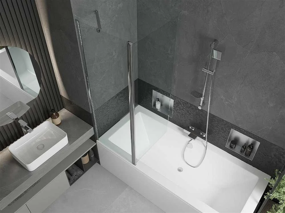 Vonia Mexen Cube su apdaila ir stiklo sienele, 180x80 cm + 120 cm, Baltas+Chrome/Transparent