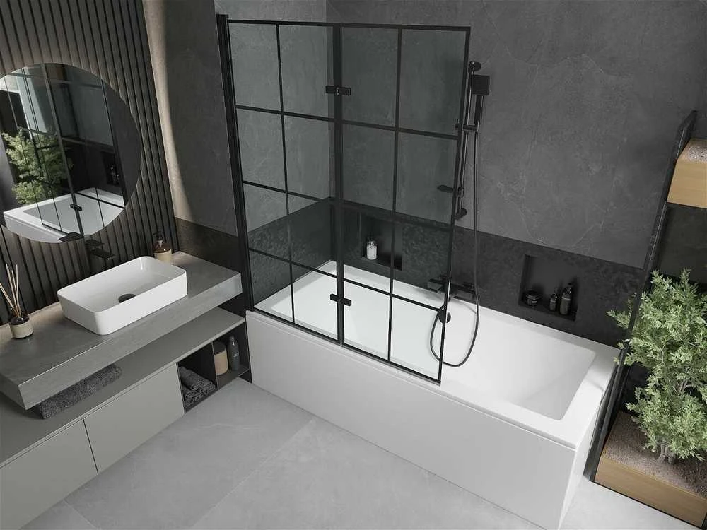 Vonia Mexen Cube su apdaila ir stiklo sienele, 180x80 cm + 120 cm (II), Baltas+Juodas grid
