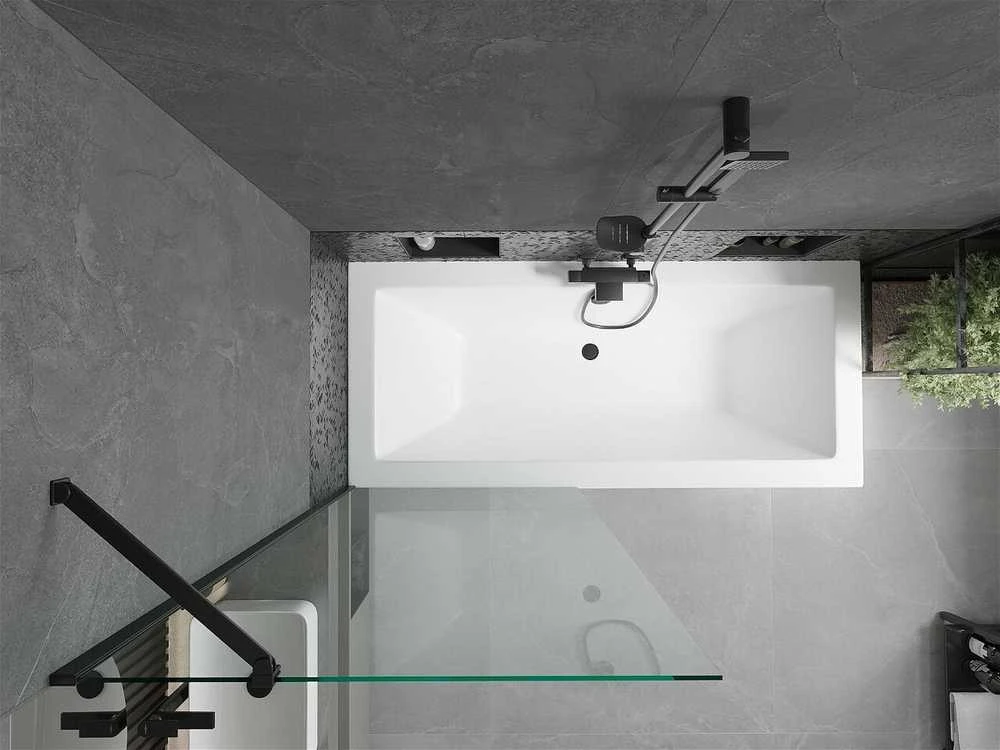 Vonia Mexen Cube su apdaila ir stiklo sienele, 180x80 cm + 80 cm, Baltas+Juodas/Transparent
