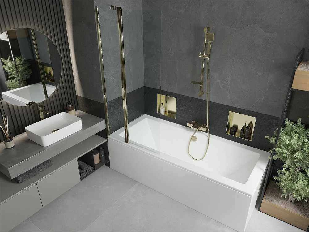 Vonia Mexen Cube su apdaila ir stiklo sienele, 180x80 cm + 80 cm, Baltas+Gold/Transparent