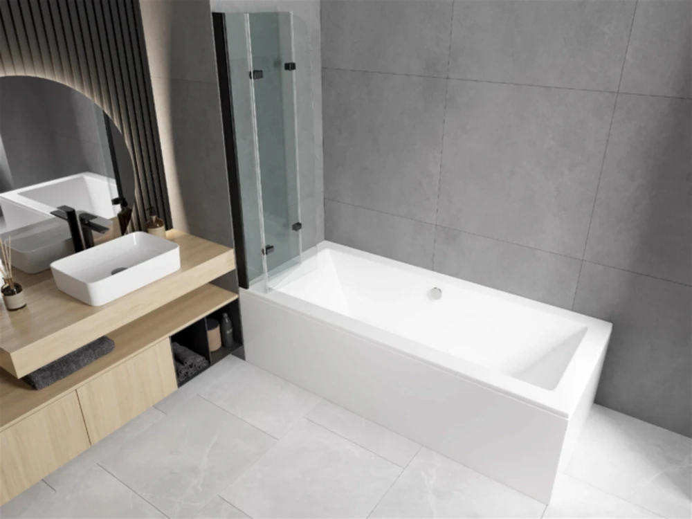 Vonia Mexen Cube su apdaila ir stiklo sienele, 170x80 cm + 120 cm, baltas+III/fold/juodas