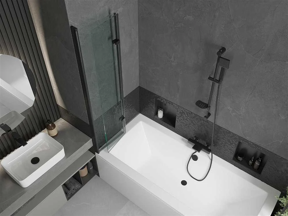 Vonia Mexen Cube su apdaila ir stiklo sienele, 170x80 cm + 80 cm (II), Baltas+Juodas/Transparent