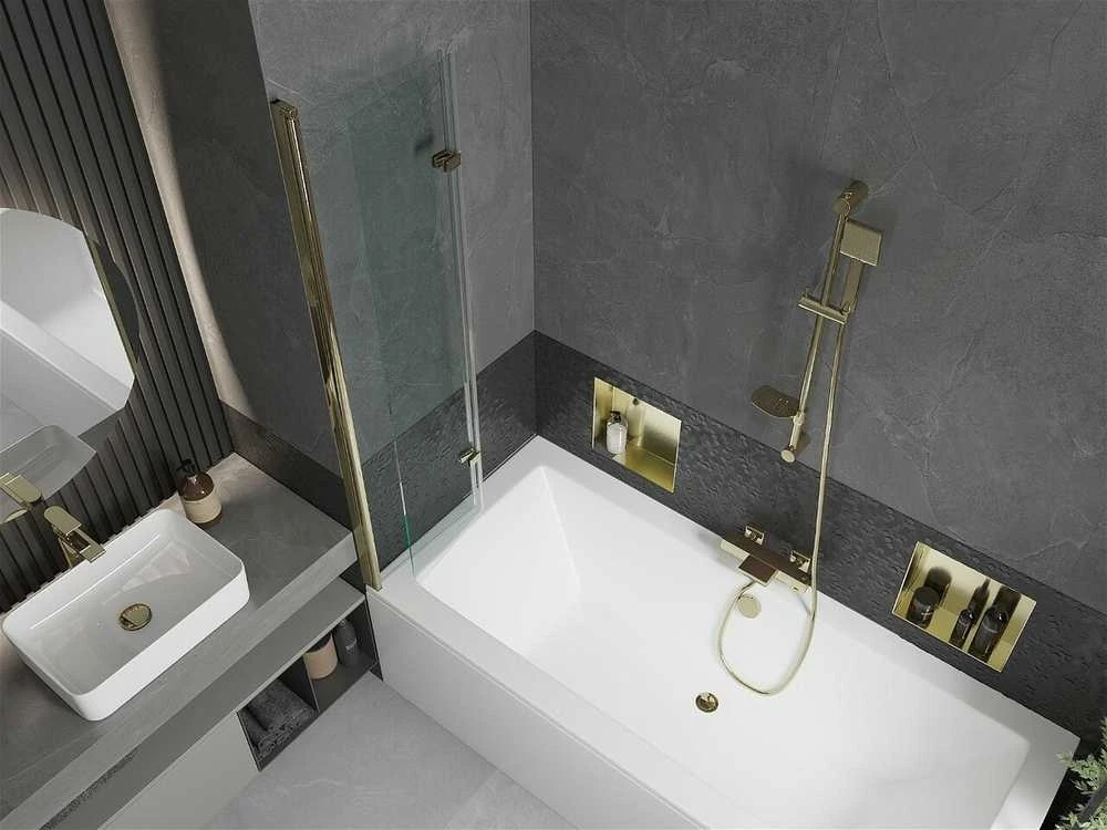 Vonia Mexen Cube su apdaila ir stiklo sienele, 180x80 cm + 80 cm (II), Baltas+Gold/Transparent