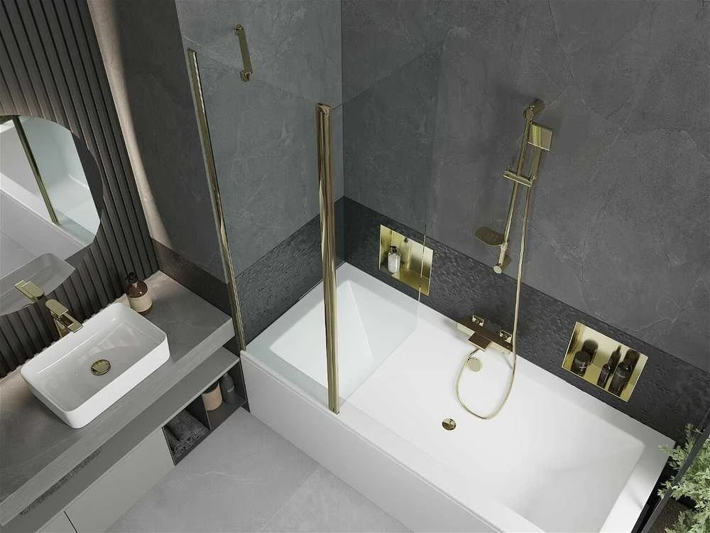 Vonia Mexen Cube su apdaila ir stiklo sienele, 170x80 cm + 120 cm, Baltas+Gold/Transparent