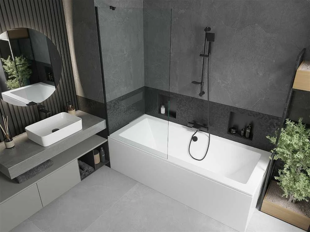 Vonia Mexen Cube su apdaila ir stiklo sienele, 170x80 cm + 90 cm, Baltas+Juodas/Transparent
