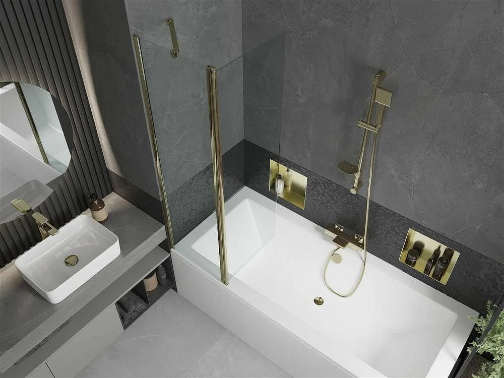 Vonia Mexen Cube su apdaila ir stiklo sienele, 180x80 cm + 100 cm, Baltas+Gold/Transparent