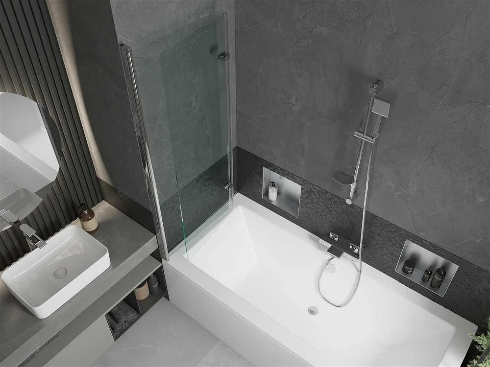 Vonia Mexen Cube su apdaila ir stiklo sienele, 170x80 cm + 120 cm (II), Baltas+Chrome/Transparent