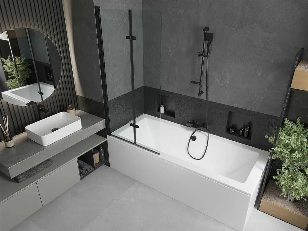 Vonia Mexen Cube su apdaila ir stiklo sienele, 170x80 cm + 80 cm (II), Baltas+Juodas/Transparent