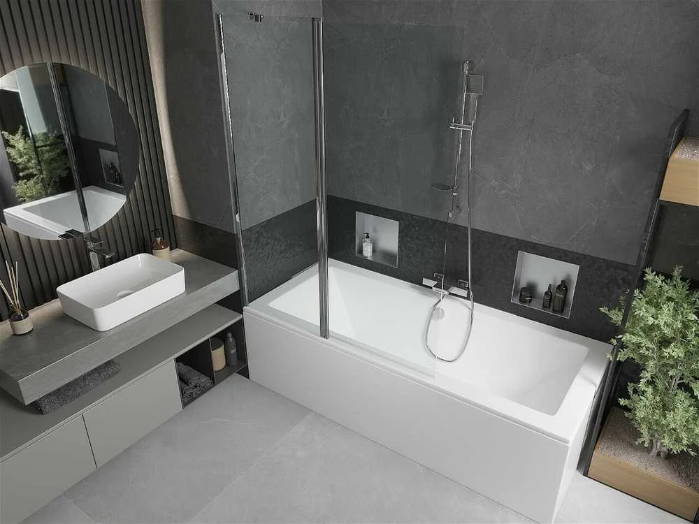 Vonia Mexen Cube su apdaila ir stiklo sienele, 180x80 cm + 120 cm, Baltas+Chrome/Transparent