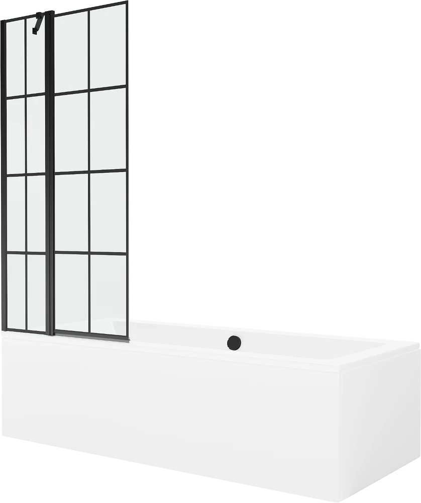 Vonia Mexen Cube su apdaila ir stiklo sienele, 170x80 cm + 80 cm, Baltas+Juodas grid