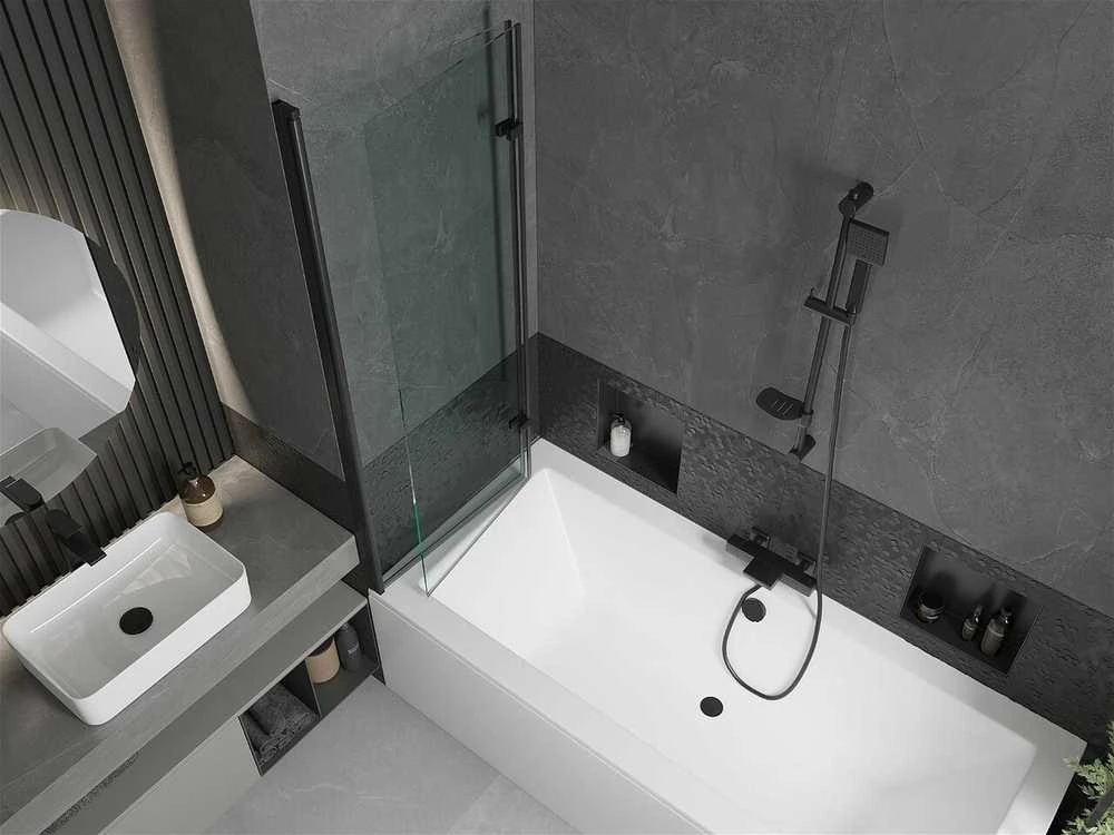 Vonia Mexen Cube su apdaila ir stiklo sienele, 170x80 cm + 120 cm (II), Baltas+Juodas/Transparent