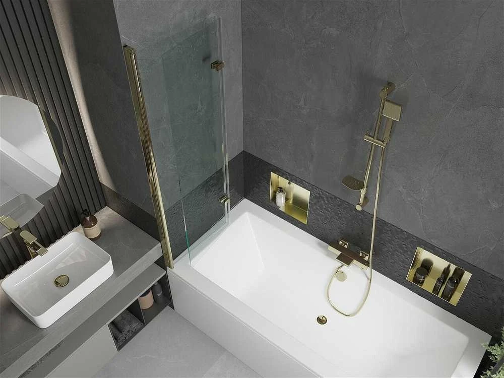 Vonia Mexen Cube su apdaila ir stiklo sienele, 170x80 cm + 100 cm (II), Baltas+Gold/Transparent