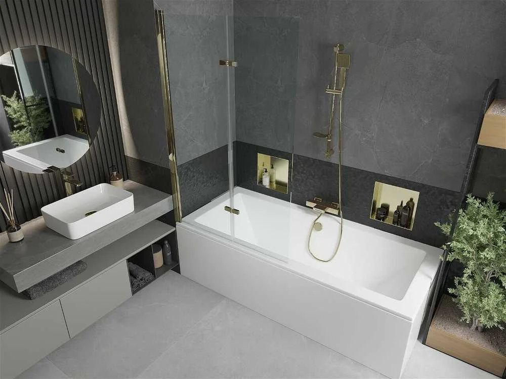 Vonia Mexen Cube su apdaila ir stiklo sienele, 170x80 cm + 100 cm (II), Baltas+Gold/Transparent
