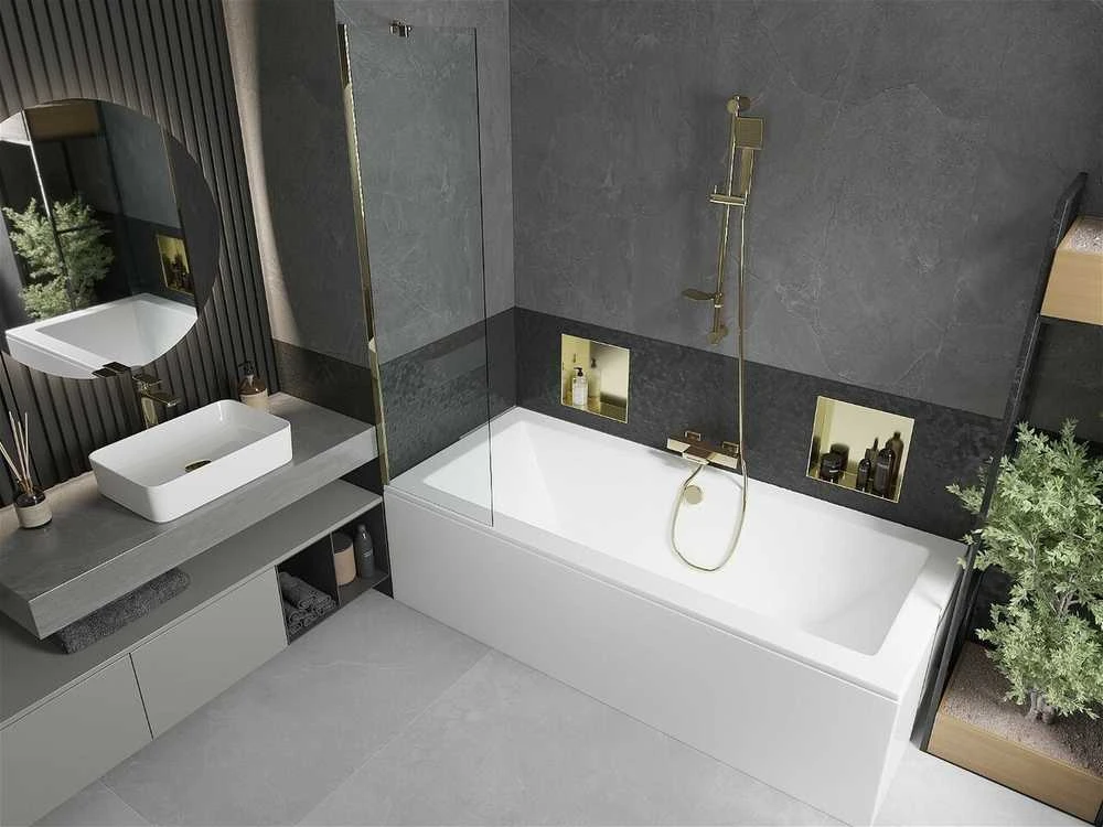 Vonia Mexen Cube su apdaila ir stiklo sienele, 180x80 cm + 50 cm, Baltas+Gold/Transparent