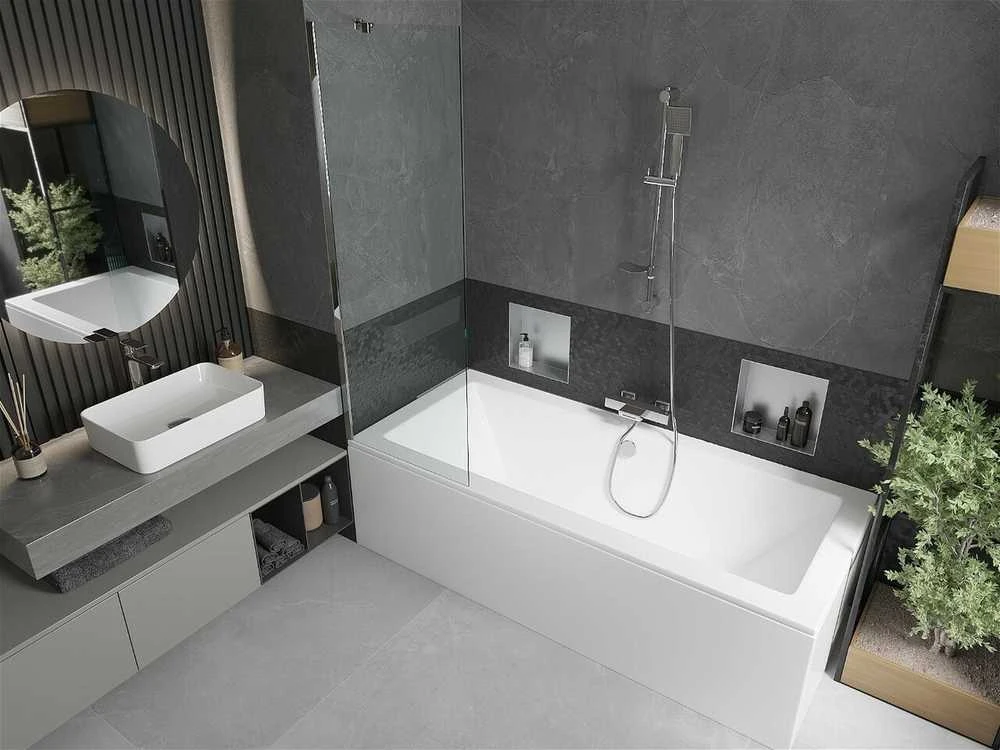 Vonia Mexen Cube su apdaila ir stiklo sienele, 180x80 cm + 60 cm, Baltas+Chrome/Transparent