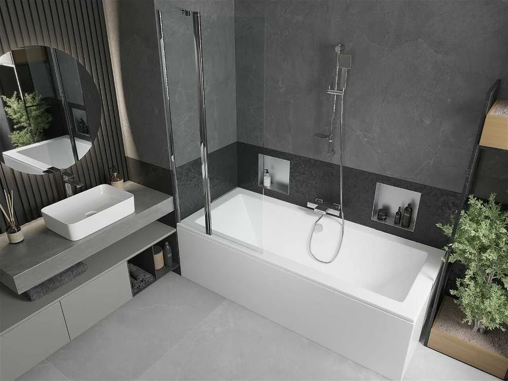 Vonia Mexen Cube su apdaila ir stiklo sienele, 170x80 cm + 80 cm, Baltas+Chrome/Transparent