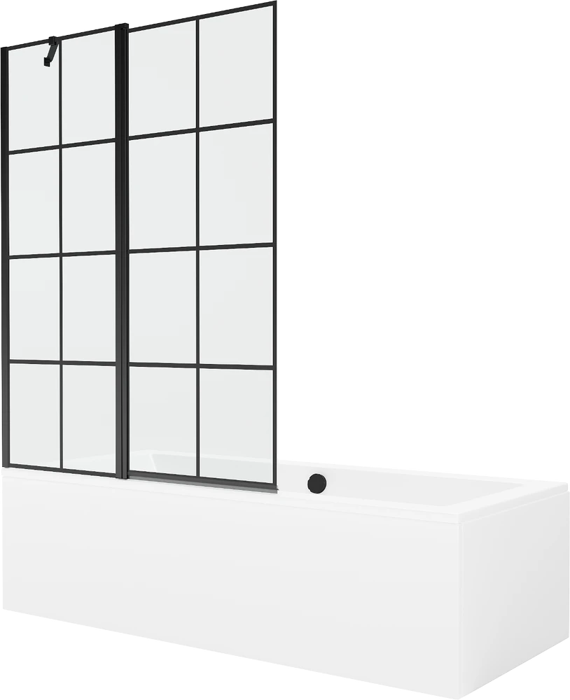 Vonia Mexen Cube su apdaila ir stiklo sienele, 170x80 cm + 120 cm, Baltas+Juodas grid