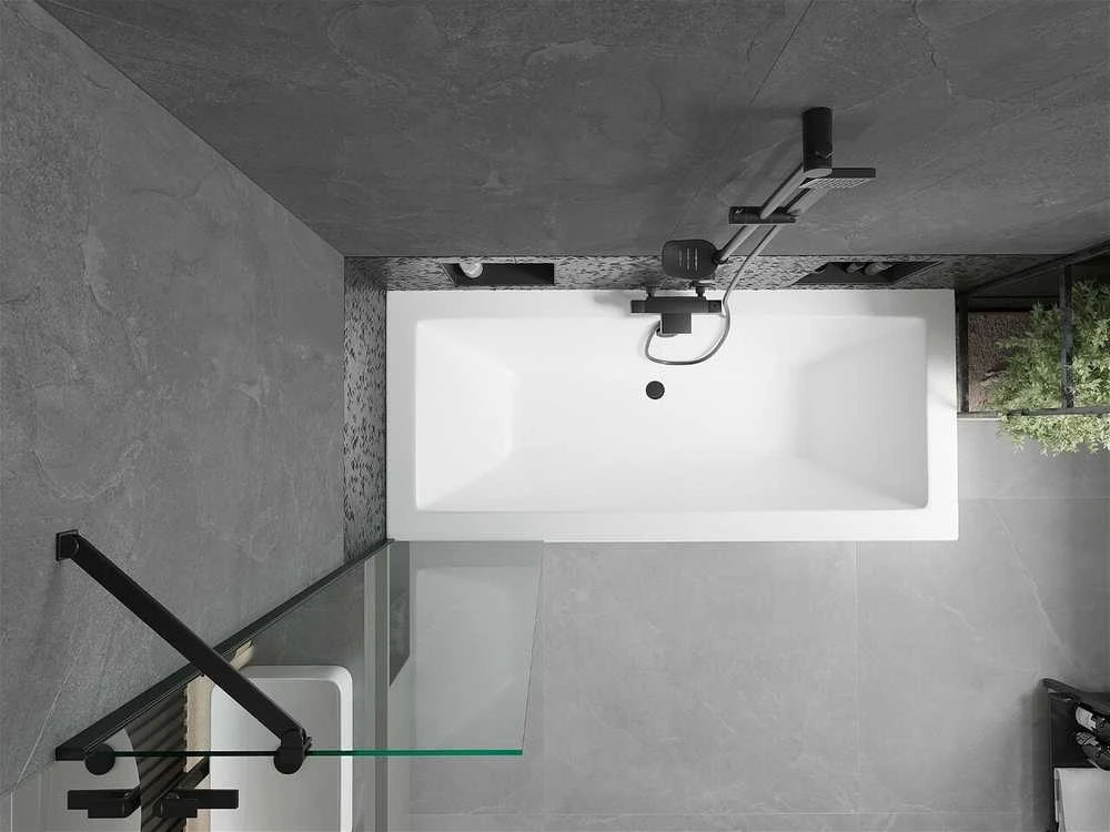 Vonia Mexen Cube su apdaila ir stiklo sienele, 180x80 cm + 50 cm, Baltas+Juodas/Transparent