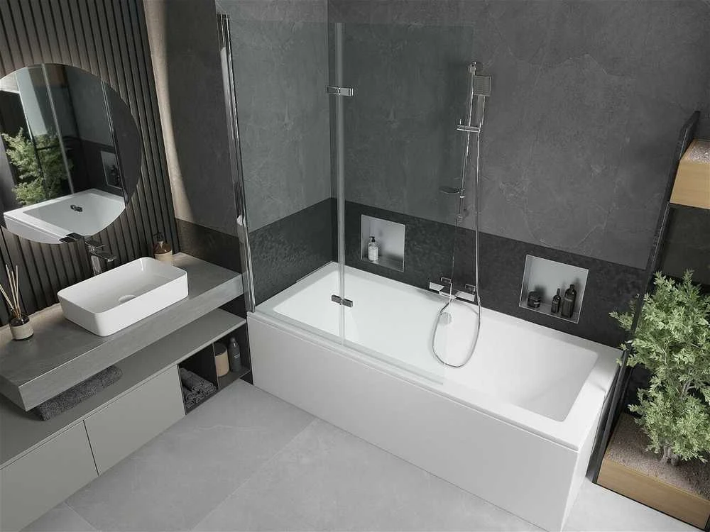 Vonia Mexen Cube su apdaila ir stiklo sienele, 180x80 cm + 120 cm (II), Baltas+Chrome/Transparent