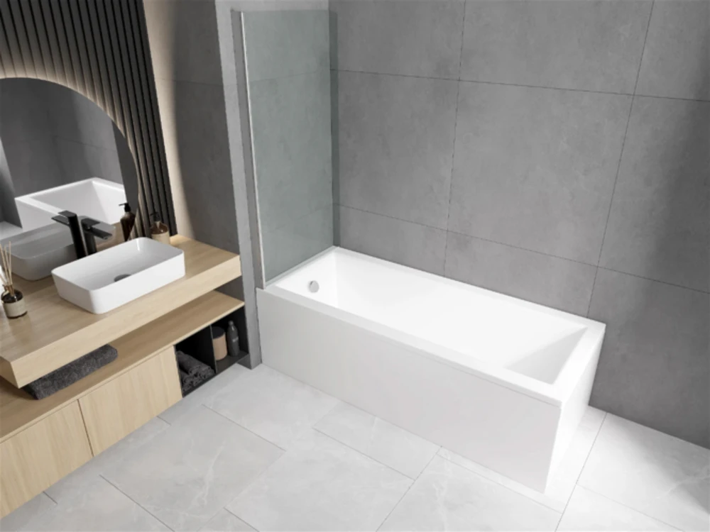 Vonia Mexen Cubik su apdaila ir stiklo sienele, 150x70 cm + 75 cm, baltas+I/swing/chrome