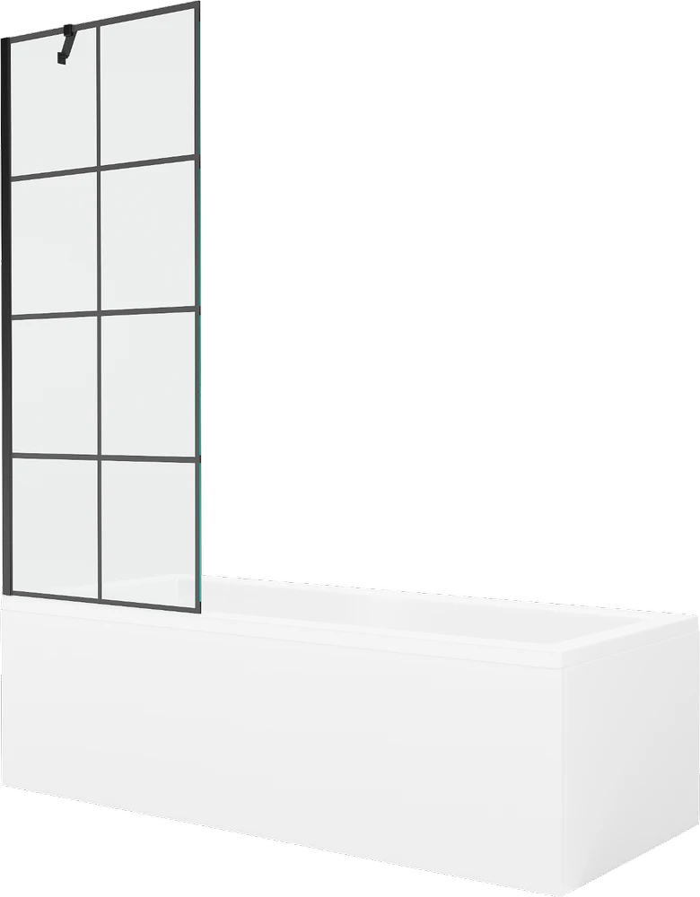 Vonia Mexen Cubik su apdaila ir stiklo sienele, 160x70 cm + 70 cm, Baltas+Juodas grid