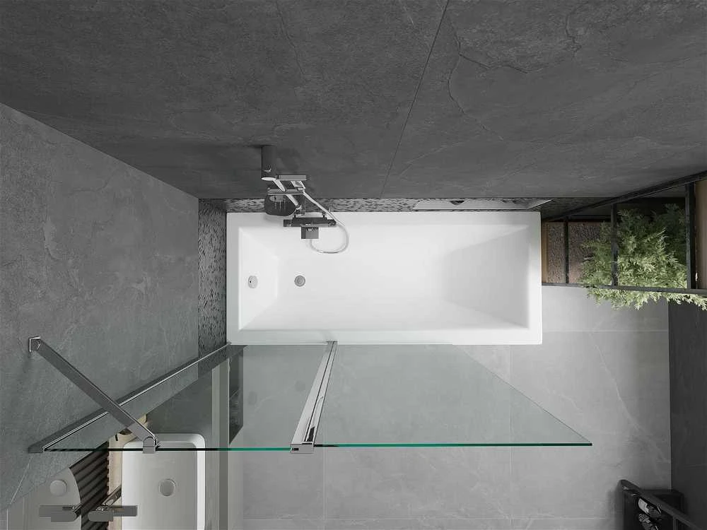 Vonia Mexen Cubik su apdaila ir stiklo sienele, 150x70 cm + 120 cm, Baltas+Chrome/Transparent